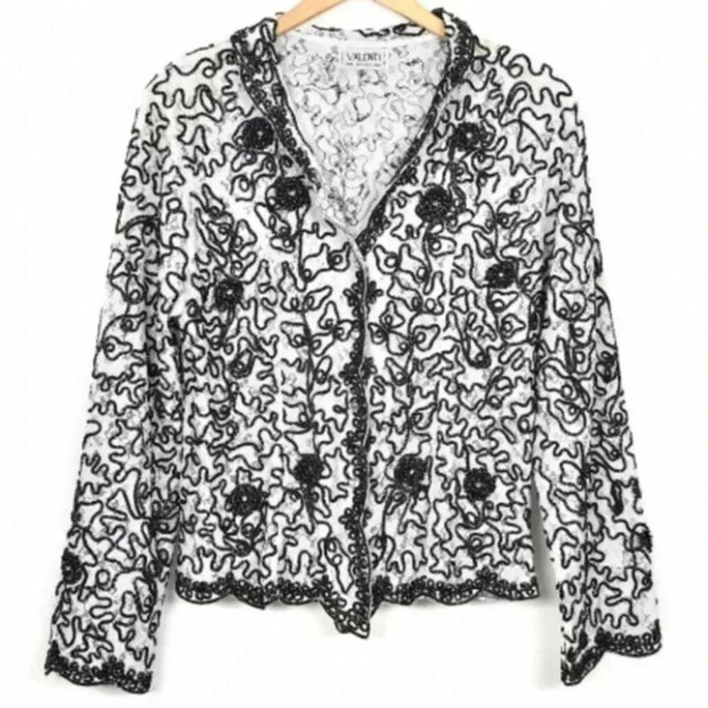 Vintage Valenti Black White Embroidered Floral V Neck Cardigan  Sweater